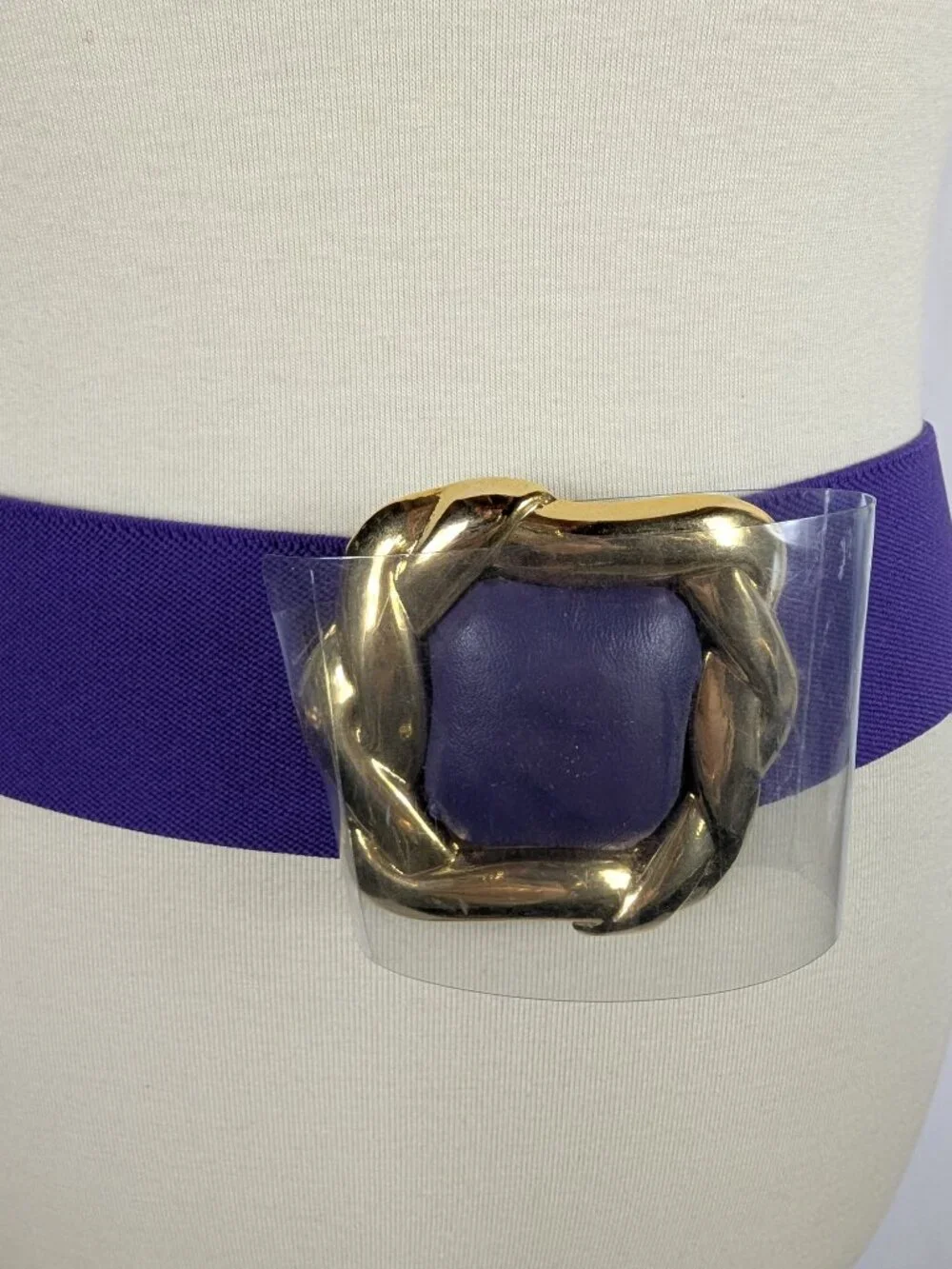 Day-Lor 80s Purple Elastic Cinch Belt Gold Square Friends Buckle USA Vtg 31